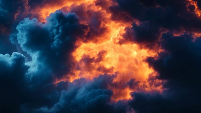 A dramatic powerful explosion set against the backdrop of a dark sky with clouds and lightning.