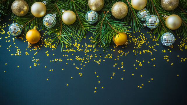 A festive Christmas composition on a black background featuring decorative elements arranged in a border design