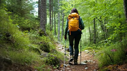 A woman backpacker walking on a wooded trail with a green and black backpack. Outdoor adventure and exercise. - Powered by Adobe