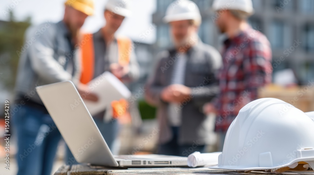 Poster construction professionals discuss plans on-site while using a laptop and wearing helmets during a m