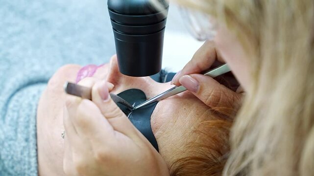 Close up view of eyelash extension procedure using ultraviolet lamp in modern beauty salon. Innovative lash enhancement technology with precise application technique.
