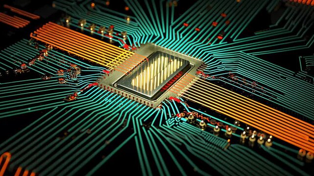 Glowing circuit board with intricate pathways and a central processor