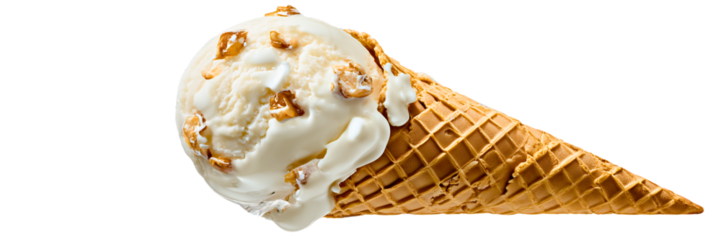vanilla ice cream with peanuts and waffle cone isolated over transparent (white) background; detailed summer sweet delicious dessert png photo
