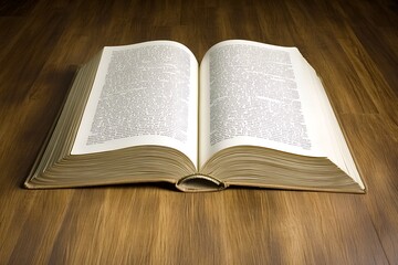 Obraz premium An open book lies on a wooden table, its pages filled with text, viewed from directly above.