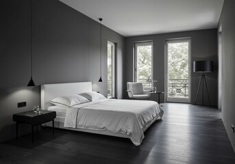 Monochrome Bedroom Interior Modern Design with Bed Windows and Grey Wall