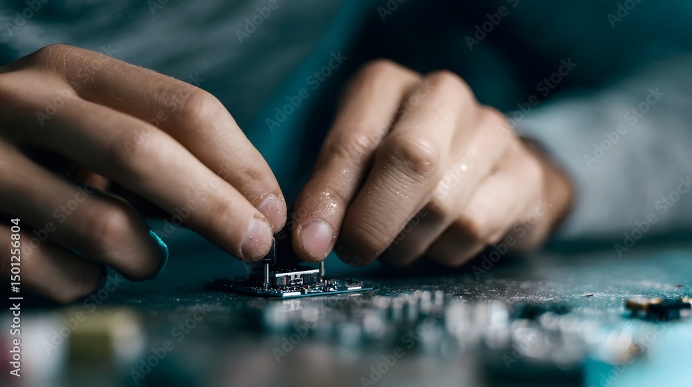 Poster hands assembling wearable tech components on a workbench