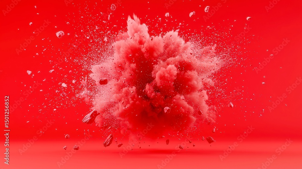 Poster vibrant abstract explosion, an intense burst of reds against charred textures, set in a minimalist b