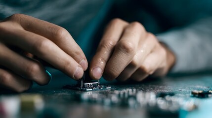 Hands assembling wearable tech components on a workbench