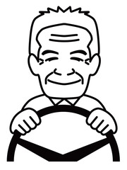 男性高齢者ドライバーのモノクロイラスト