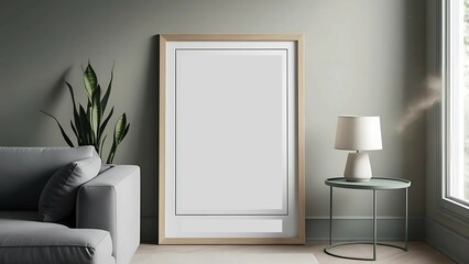 Mock up poster frame in living room interior with sofa and table lamp