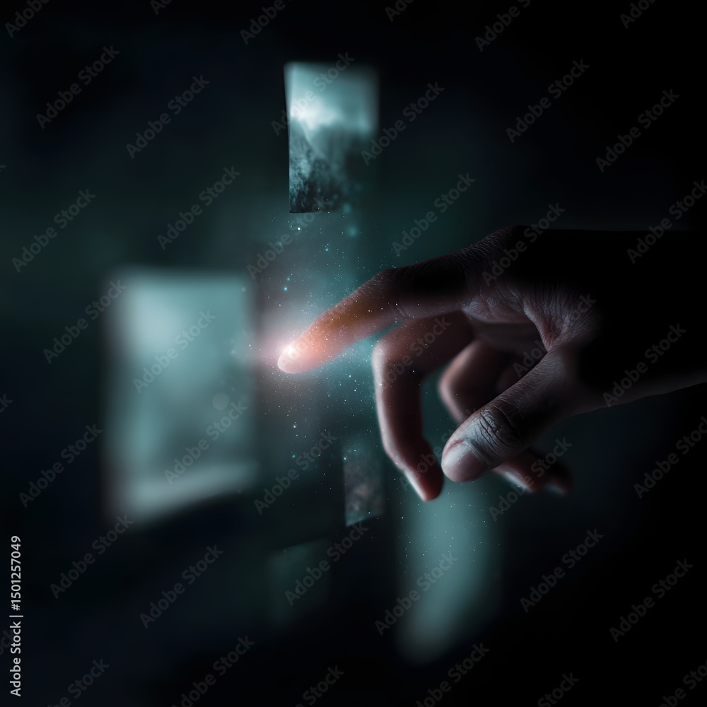 Poster a hand controlling ethereal layers of a digital user interface