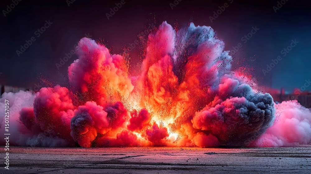 Poster vibrant red explosion, abstract representation of dynamic energy and destruction, featuring intense 