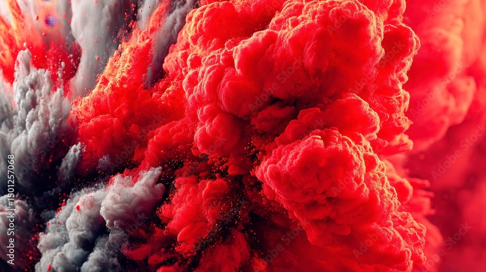 Poster vibrant abstract explosion, a striking visual of dynamic reds and charred textures set against a min