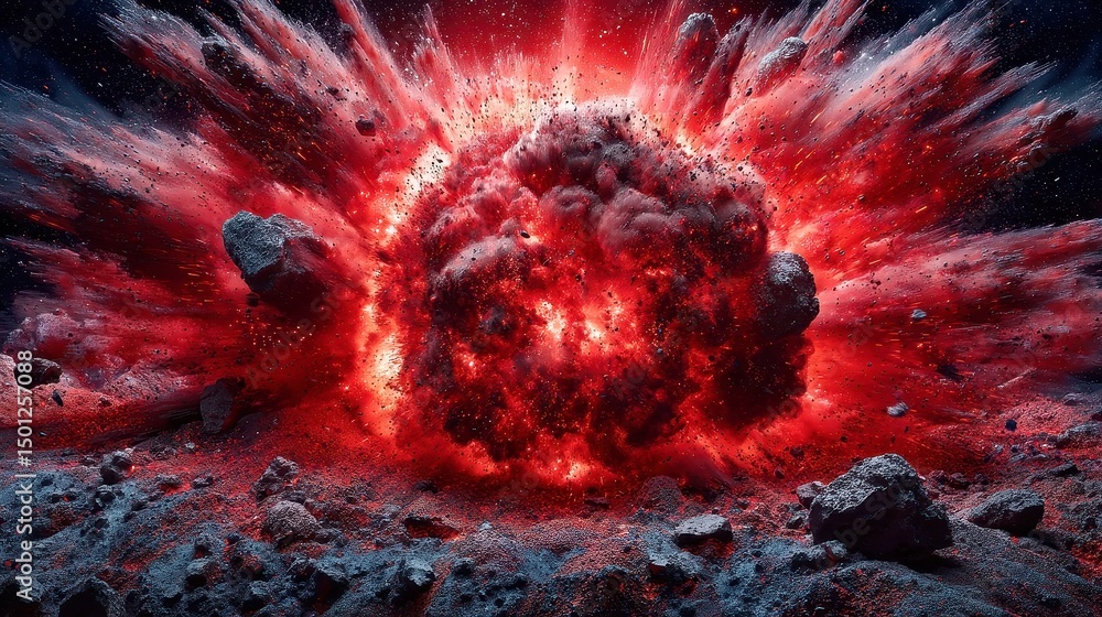 Poster vibrant abstract explosion, a dynamic representation of fiery reds and textured char, set against a 