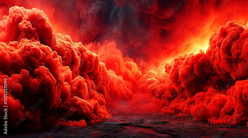 Poster vibrant abstract explosion, a dynamic interplay of intense reds and charred textures, set against a 