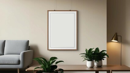 Mock up poster frame in living room interior with sofa and plant pots