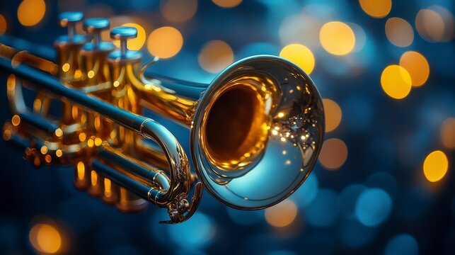 Shiny golden trumpet rests, surrounded by soft, blurred lights