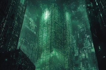 Futuristic cityscape towering green structures.