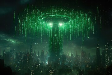 Obraz premium Futuristic cityscape under glowing green digital structure.