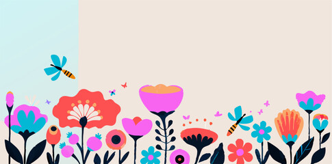 Colorful Floral Border Design: Bright Flowers, Dragonflies, and Butterflies