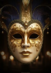 Fototapeta premium Ornate Golden Venetian Mask with Blue Feathers and Elegant Details Photo