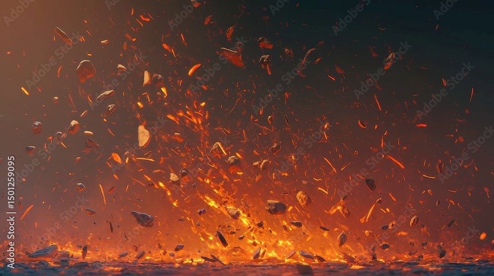 Poster molten lava eruption, a vivid display of fiery rock and suspended particles in a surreal atmosphere,