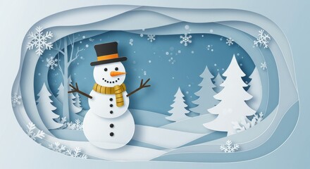 Paper Cut Illustration of Snowman in Winter Landscape with Blue Tones