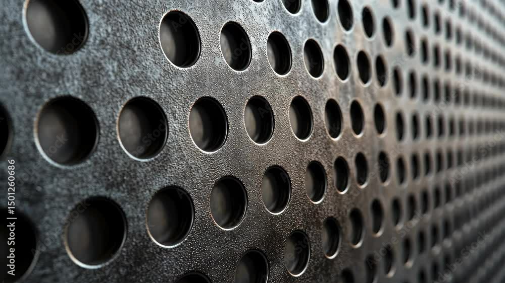 Poster close up of a perforated metal surface with a unique geometric pattern. the metallic texture and mul