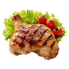 Grilled chicken leg quarter with lettuce and tomatoes isolated on transparent background