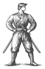 Obraz premium Vintage Samurai Warrior Standing with Swords in Traditional Attire