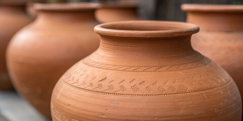 Ethical Products concept. Traditional clay pots lined up in a rustic setting.