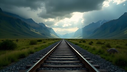 Fototapeta premium A scenic landscape featuring a train track winding through a mountainous landscape under a dramatic sky filled with clouds