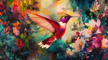 Vibrant hummingbird amidst abstract botanical garden, fantasy artwork style