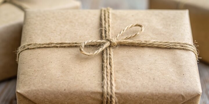 Ethical Products concept. Wrapped gift in brown paper with twine string detail.