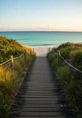 Obraz premium Wooden Boardwalk Leading to Tropical Beach at Sunset