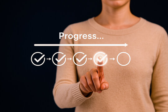 Businessman Touching Progress Indicator on Digital Screen – Illustration of Productivity Monitoring, Project Development, and Interactive User Interface in a Modern Office Environment