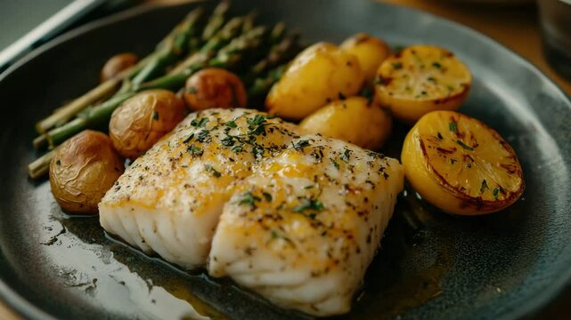 Juicy grilled white fish fillet served with roasted potatoes, asparagus, and lemon halves on a dark ceramic plate.