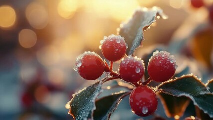 Red holly berries covered with frost and water droplets on green leaves in soft golden winter light. - Powered by Adobe