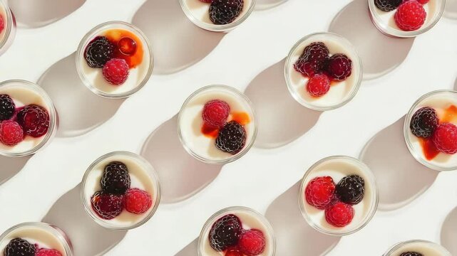 Glass cups of panna cotta topped with raspberries and blackberries arranged in a geometric pattern on white background.
