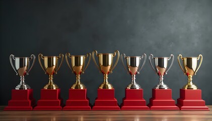 A row of golden and silver trophies lined up on red pedestals on a wooden table