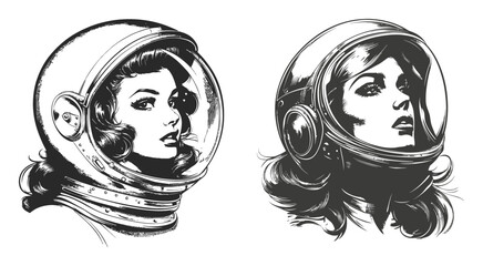 Vintage Astronaut Woman Illustration in Retro Style with Bold Lines