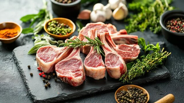 Fresh raw lamb chops arranged on a dark stone board with assorted herbs, garlic, and colorful peppercorns.