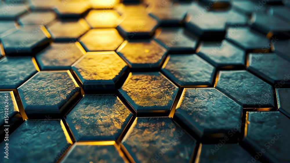 Poster a close-up of a geometric pattern created by interlocking puzzle pieces on a metallic surface, highl