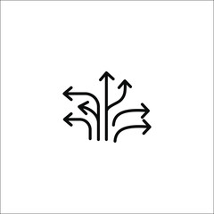 Black multiple directional arrows icon symbolizing choices, navigation, decision making, and pathways, simple flat line design isolated on white background for strategy and planning concepts.

