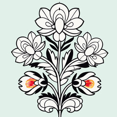 Black and White Floral Design, Folk Art Style Flower Bouquet Illustration
