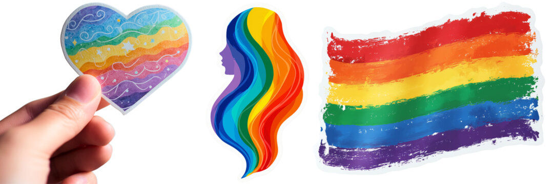 rainbow flag, hand holding a rainbow color heart sticker and girl profile with colorful hairs sticker; set of pride month, june, elements as a lgbt+ community symbol isolated on transparent (white)  
