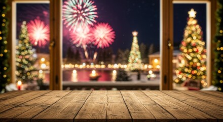Photo Christmas Night View Through Window with Festive Fireworks and Trees
