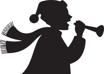 Silhouette of Person in Winter Hat and Scarf Playing a Horn