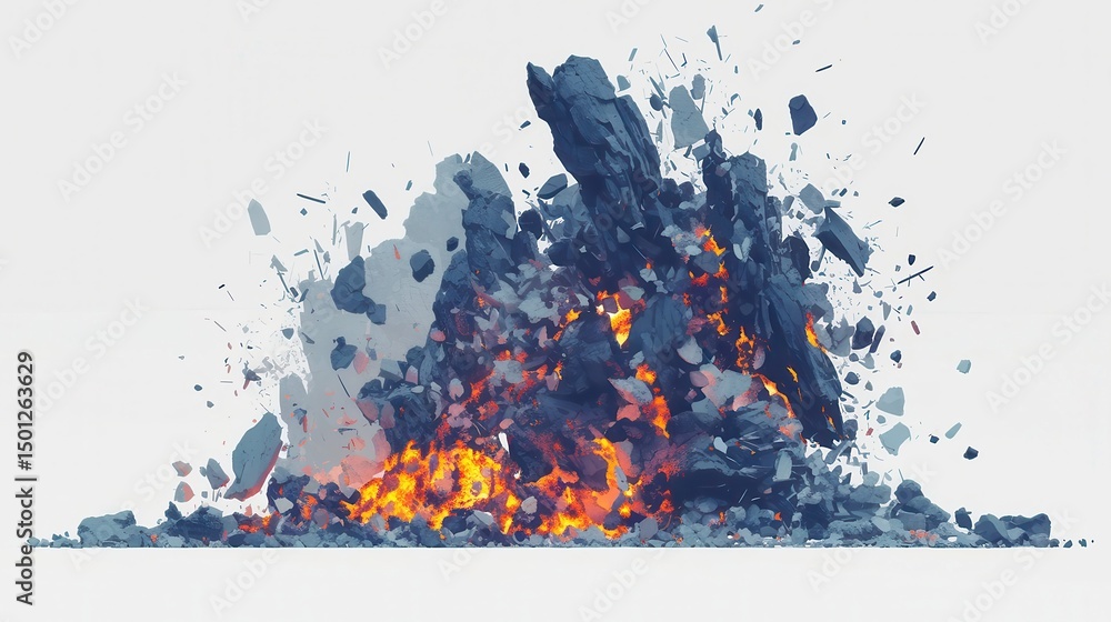 Poster volcanic eruption explosion on white backdrop, dynamic eruption capturing fiery energy, isolated aga