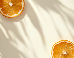 Bright flat lay of two orange slices on a cream background with tropical leaf shadows. Concepts of minimalist summer, fresh, healthy and natural themes. Ample copy space.